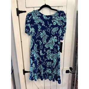 MSK Navy Blue Mint Paisley Print Flutter Sleeve Ruffle Hem Dress Size S NWT